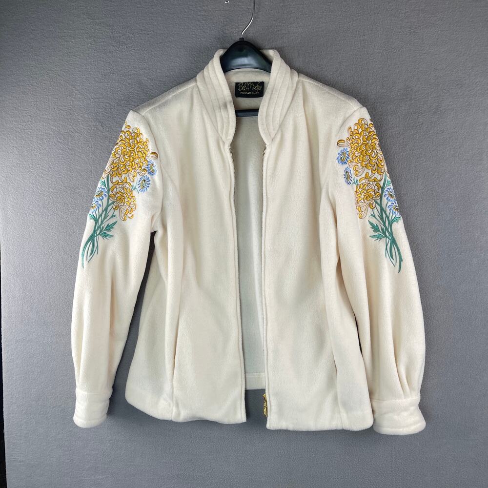 Bob Mackie Wearable Art Cream Floral Fleece Jacket Women's Size Medium